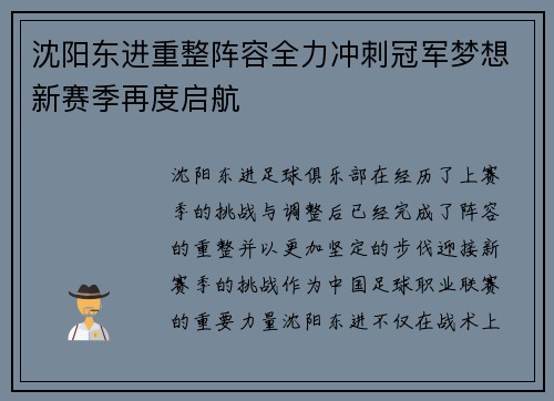 沈阳东进重整阵容全力冲刺冠军梦想新赛季再度启航