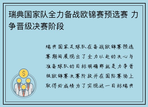 瑞典国家队全力备战欧锦赛预选赛 力争晋级决赛阶段