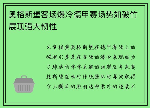 奥格斯堡客场爆冷德甲赛场势如破竹展现强大韧性