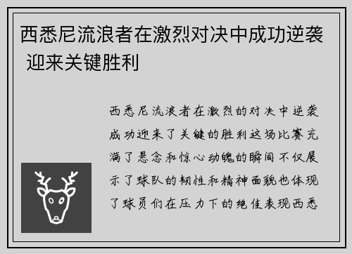 西悉尼流浪者在激烈对决中成功逆袭 迎来关键胜利