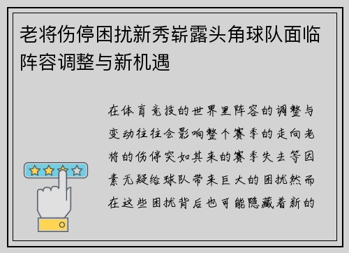 老将伤停困扰新秀崭露头角球队面临阵容调整与新机遇