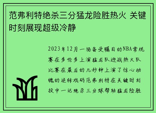 范弗利特绝杀三分猛龙险胜热火 关键时刻展现超级冷静