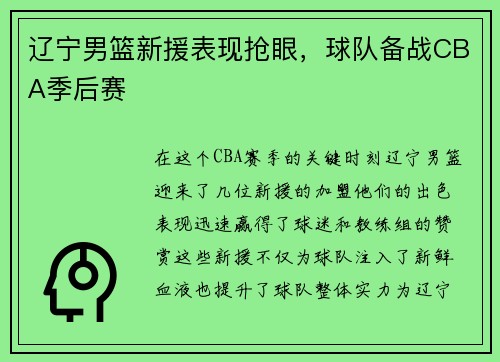 辽宁男篮新援表现抢眼，球队备战CBA季后赛