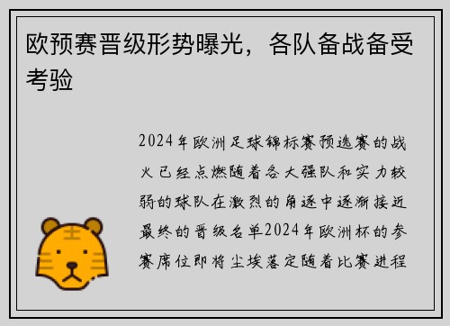 欧预赛晋级形势曝光，各队备战备受考验