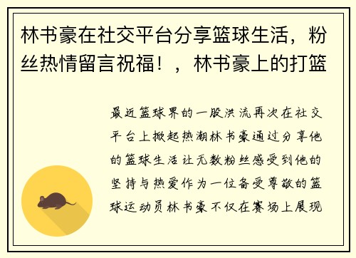 林书豪在社交平台分享篮球生活，粉丝热情留言祝福！，林书豪上的打篮球的节目