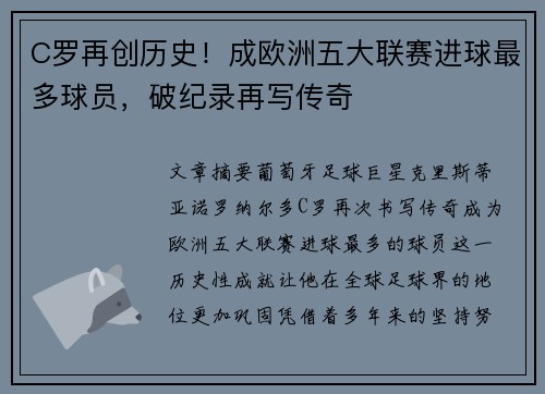C罗再创历史！成欧洲五大联赛进球最多球员，破纪录再写传奇